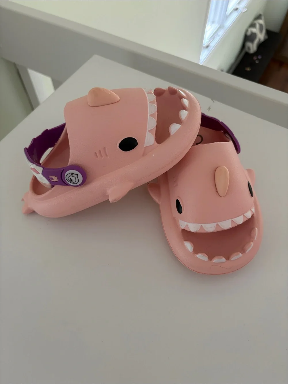 Kids Pink Shark Clog Sandals with Purple Strap